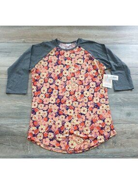 LuLaRoe Randy Floral Baseball Tee Medium Raglan Sleeves Multicolor Orange Blue